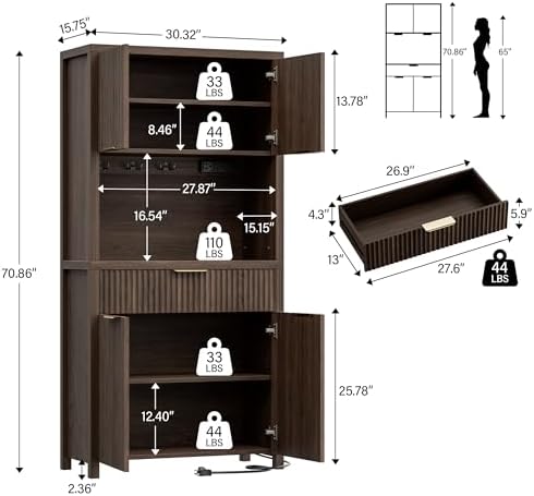 Lulive 71" Fluted Pantry Cabinet with Charging Station, Brown - Image 2