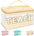 Teacher Appreciation Gifts Chenille Letter Clear Makeup Bag TEACH Pouch, Preppy Patch Makeup Bag Zipper with Handle Nylon Travel Cosmetic Bag Graduation Retirement Teacher Gifts for Women(TEACH-Beige) by izuzta