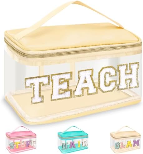Teacher Appreciation Gifts Chenille Letter Clear Makeup Bag TEACH Pouch, Preppy Patch Makeup Bag Zipper with Handle Nylon Travel Cosmetic Bag Graduation Retirement Teacher Gifts for Women(TEACH-Beige) by izuzta