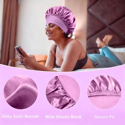 4Pcs Silk Satin Bonnets for Sleeping - Elastic Wide Band Wrap for Black Women Men,Silk Bonnets for Curly Hair,Large Hair Cap for Sleeping (Black+Purple+Blue+Green) - Image 4
