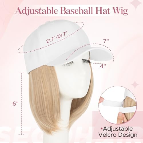 SEGO Baseball Cap with Hair Extensions for Women Synthetic Hair Attached Short Straight Hairpiece White Baseball Cap Wig Adjustable Hat Wigs for Women 6 Inch 85P613 Light Blonde Mix Bleach Blonde - Image 3