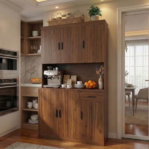 DIYART 71 Inch Rustic Brown Pantry Cabinet with Power Outlet, Heavy-Duty Freestanding Kitchen Storage Organizer with Reinforced Frame, Pantry Hutch for Kitchen, Dining Room, Living Room - Image 6