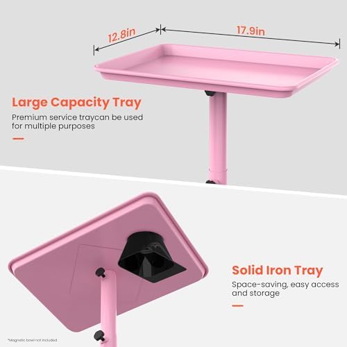 TASALON Premium Salon Tray on Wheels, Aluminum Salon Rolling Tray Trolley for Salon Essentials, Adjustable Height Provides Ample Storage for Hairstylist, Tattoo and Clinic Use - Pink - Image 3