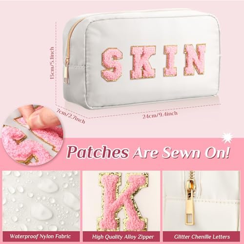 Remerry 4 Pcs Nylon Makeup Bags Waterproof Spacious Travel Cosmetic Bag for Women Chenille Letter Preppy Zipper Pouch Face Stuff Skin Hair Organizer Gift(Rose Red, Pink, Light Pink, White) - Image 2