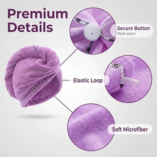 Microfiber Hair Towel 4 Pack, Hair Towel Wrap Quick Dry Hair Hat Anti-frizz Head Turban with Button, Wet Curly Hair Towels for Women (Blue & Pink & Purple & Red) - Image 3