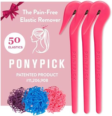 THE PONY PICK Rubber Bands Cutter for Hair Removal - Pain-Free Hair Band Remover - Easy 3 Pack with 50 Colored Elastics by ThePonyPick