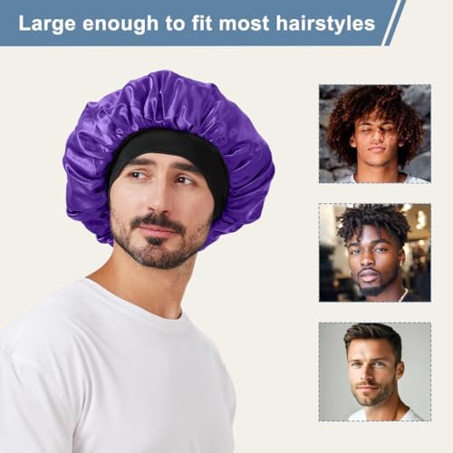 2 PCS Satin Silk Bonnet for Men Women, Hair Bonnet for Sleeping Men with Elastic Band, Large Silk Bonnet for Women Curly Hair Braids (Black+Purple) - Image 5