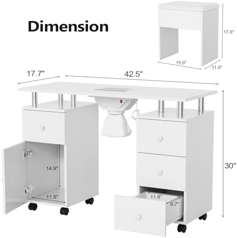 OmySalon Nail Desk and Chair Set, with Stool, Dust Collector, Arm Rest & Wheels, Acetone Resistant Desktop, Manicure Table Nail Table Station for Nail Tech w/Drawers Storage (White) - Image 6