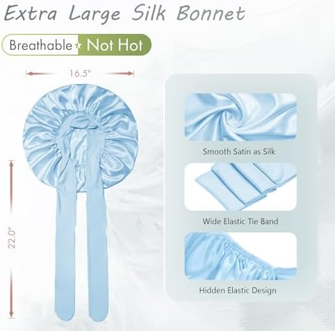 BONNET QUEEN XL Large Silk Like Bonnet for Sleeping for Curly Hair,Satin Bonnet with Adjustable Tie Band, Light Blue - Image 3