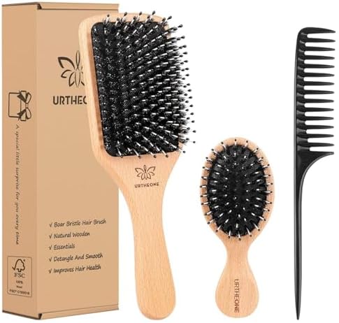 Boar Bristle Hair Brush and Comb Set for Women Men Kids, Best Natural Wooden Paddle Hairbrush and Small Travel Styling Brush for Wet or Dry Hair Detangling Smoothing Massaging by URTHEONE