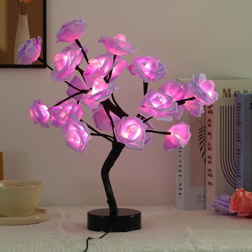 Drawelry Rose Flower Tree Lamp - LED Rose Tree Table Lamp USB/Battery Powered Artificial Bonsai Flower Night Light for Bedroom Living Room Party Wedding Birthday Decor (Purple) by Drawelry
