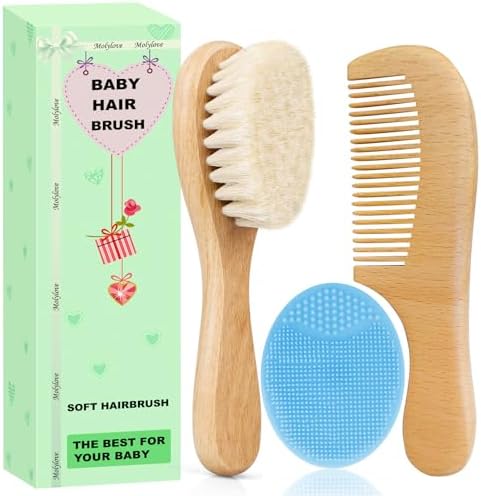 Baby Hair Brush with Wooden Handle and Comb Set for Newborns & Toddlers | Natural Soft Goat Bristles l Wood Comb l Blue Cradle Cap Brush| Ideal for Cradle Cap (3 Piece) by Molylove