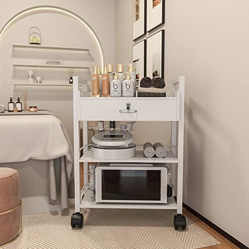 Paddie Salon Trolley Cart, Wooden Mobile Utility Cabinet Lab Cart with 1 Drawer 2 Trays, Rolling Storage Station Beauty Salon Rolling Trolley for Beauty Spa (White) - Image 2