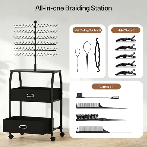 XINTUO Portable Braiding Hair Rack With Wheels & Storage Drawers,168 Pegs Hair Extension Holder Hanger for Braiding Hair Separator Stand Display,Hair rack with stylist hair braiding tools(black) - Image 5