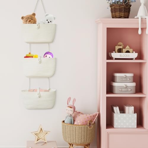 TeoKJ 3-Tier Hanging Baskets for Storage with Pearl Button Strap, Over The Door Storage Baskets for Bathroom, Bedroom, Closet, Door Storage Organizer for Decoration, White - Image 3