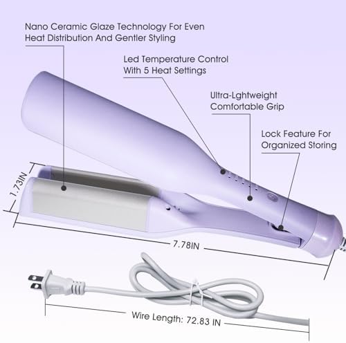 Beach Wave Curling Iron Deep Waver Hair Tool, Mermaid Hair Waver for Women Crimper, Anti-Scald, Dual Voltage, 1.4 Inch Ceramic Double Barrel Wavy Curling Iron, Purple - Image 6