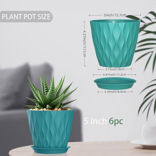 5 Inch Planter Pots, 6 Pack Indoor Planters, Small Flower Pots with Drainage Holes and Tray for Succulents, Orchids, Herbs and Other Indoor Plants (Blue-Green, 5inch) - Image 3