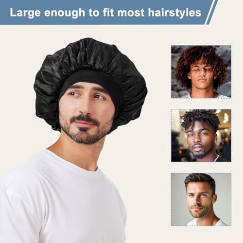 2 PCS Satin Silk Bonnet for Men Women, Hair Bonnet for Sleeping Men with Elastic Band, Large Silk Bonnet for Women Curly Hair Braids (Black+Black) - Image 5