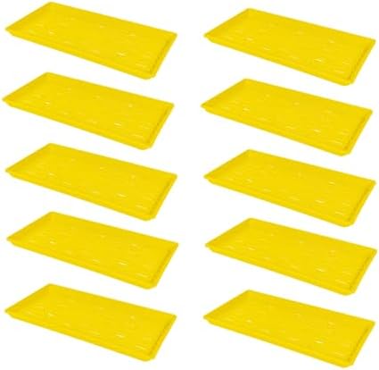 SUNPACK 10" x 20" Heavy Duty Shallow Plastic Seed Starting Tray, Yellow, 1" (Pack of 10) - Lined with Drainage Holes for Excess Water and Aeration, Ideal for Greenhouses or Indoor Gardening by SUNPACK