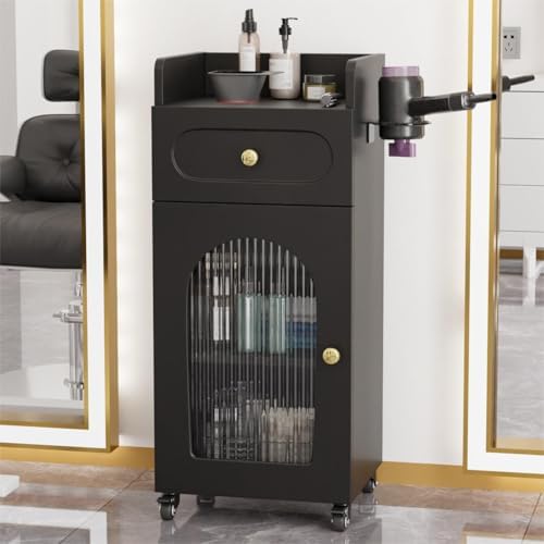 Salon Cart with Wheels & Adjustable Shelf, Black 3-Tier Rolling Beauty Trolley for Hair Stylist, Barber, Esthetician, Storage Cabinet w/Glass Door & Hair Dryer Holder, Mobile Station for Spa, Tattoo by OmySalon