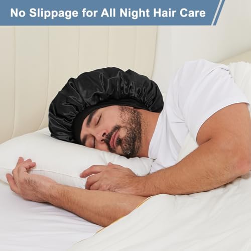 2 PCS Satin Silk Bonnet for Men Women, Hair Bonnet for Sleeping Men with Elastic Band, Large Silk Bonnet for Women Curly Hair Braids (Black+Purple) - Image 2