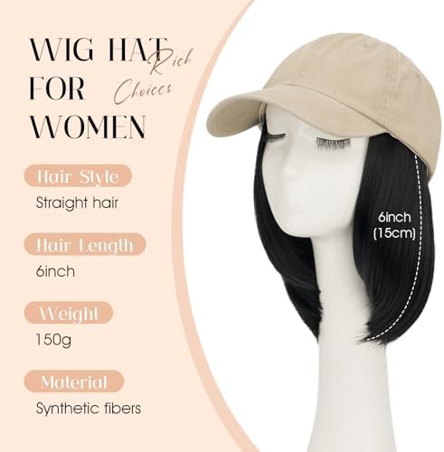 Rich Choices Hat Wigs for Women,Khaki Baseball Cap with Hair Extensions for Women,Short Bob Hairstyle Caps with Straight Synthetic Hair Attached Adjustable Baseball Cap Wig 6 Inch Black Hair - Image 2