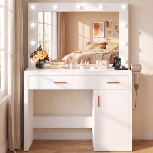 DUMOS 35" Large Vanity Desk with 11 LED Bulbs Mirror & Charging Station by DumosLifestyle
