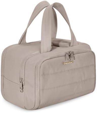 BAGSMART Travel Toiletry Bag, Crush Toiletry Bag for Women, Wide-open Puffy Toiletry Bags for Traveling, Large Travel Cosmetic Makeup Bag Organizer for Accessories,Toiletrie, Grayish Brown by BAGSMART