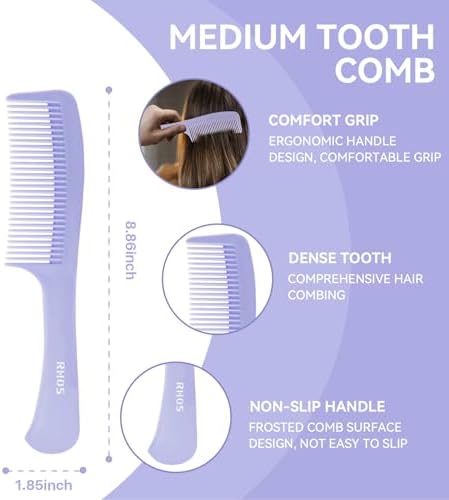 RHOS Hair Comb Set for All Hair Types and Genders - Wide, Fine Rat Tail, and Medium Detangling Combs for Styling (Purple) - Image 4