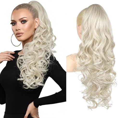 REECHO Ponytail Extension, 24" Claw Clip in Long Curly Wavy Ponytail Hair Extension Jaw Clip on Pony Tails Hairpiece for Women - Platinum Blonde by REECHO