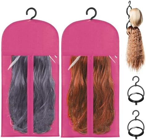 KOLLIEE 2 Pcs Wig Bags Storage with Wig Hanger Dust-proof for Multiple Wigs Hanging Storage Bags Organizer Foldable Easy Carry Suitable for Home Travel Hair Salon Rose by KOLLIEE