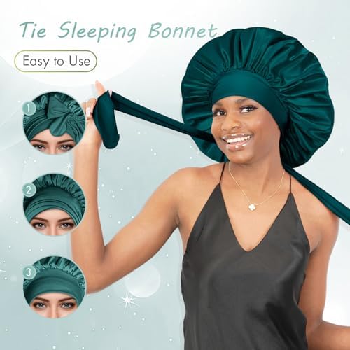 Bonnet Queen Silk Bonnet for Sleeping Large Bonent Satin Bonnet Hair Bonnet Satin Cap Night Sleep Bonnet for Braids Bonnet with Tie Band fort Women Curly Green - Image 4