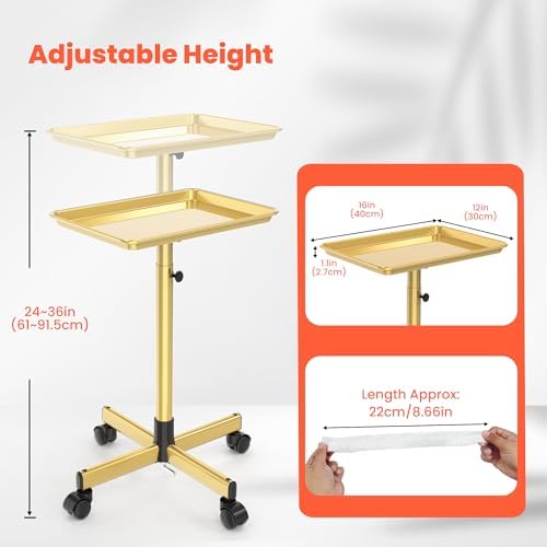TASALON Rolling Salon Tray,Mobile Styling Station with Wheels Aluminum Rolling Tray Trolley for Salon Essentials, Adjustable Heightfor Hairstylist Tray with 10 PCS Disposable Salon Tray Cover,Gold - Image 2