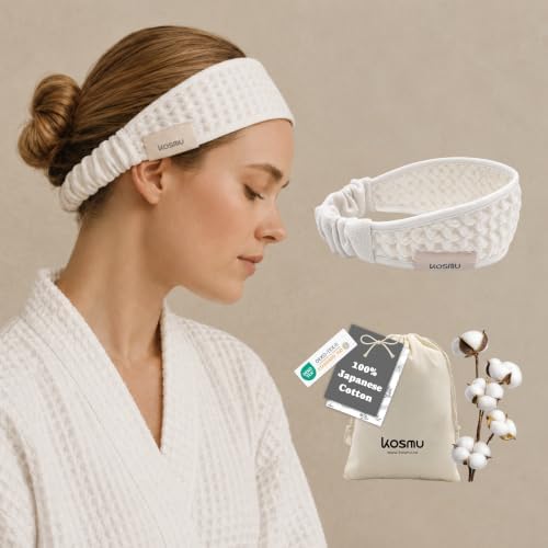 Luxury Organic Japanese Cotton Waffle Spa Headband for Women | Elastic Towel Headband for Makeup, Washing Face, Facial, Cosmetic & Skincare | Gift for Her Self-Care Beauty Routine (Shell White) by KOSMU