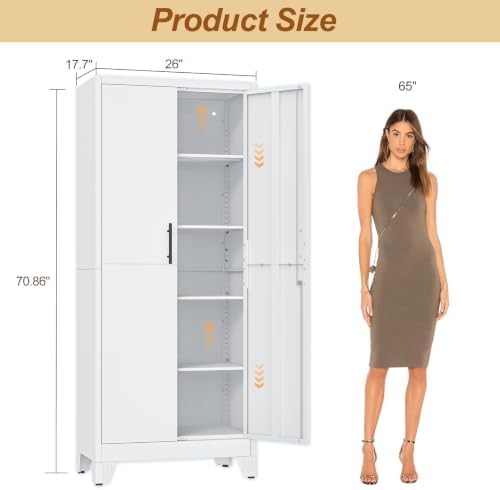 71" White Metal Storage Cabinet with 2 Doors and 4 Adjustable Shelves,Steel Garage Tool Cabinet, File Cabinet,Kitchen Pantry Cabinet for Home,Office,Garage,School,Warehouse - Image 3