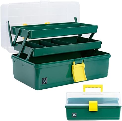 Creahaus 13 inch Art Craft Organizer Storage Box with 3 Layer, Multipurpose Plastic Tool Box with Handle for Sewing, Art Supply, Medicine, Nail, Hair Accessories (Dark Green) by Creahaus