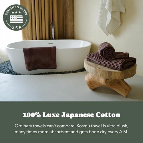 Luxury Organic Japanese Cotton Waffle Bath Towel | Thick, Absorbent, Quick Dry Bathroom Towels for Shower, Sauna, Onsen| Hotel & Spa Quality, Gift-Ready (Dark Cocoa, Complete Set (4-Piece)) - Image 3