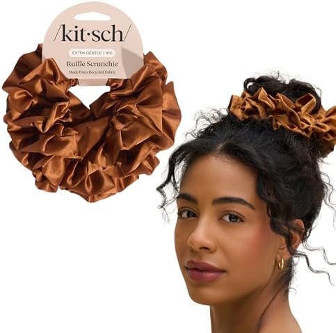 Kitsch Ruffle Satin Scrunchies For Women - Gentle Hair Tie - Camel, 1pc by Kitsch