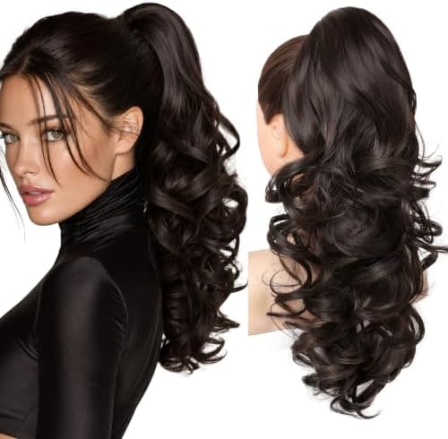 REECHO Ponytail Extension, 18" Clip in Ponytail Hair Extensions for Women, Short Wavy Synthetic Pony Tail Hairpiece for Daily Wear Cheer Dance-Dark Chocolate Brown by REECHO