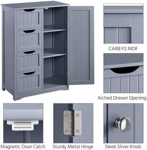 Yaheetech Bathroom Storage Cabinet with 4 Beadboard Drawers and Door, Gray - Image 6