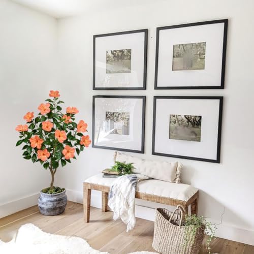 Briful Artificial Hibiscus Tree 4.13ft Tall Real Touch Fake Tree with Orange Flowers Potted Faux Plant Indoor Realistic Floor Plants for Front Porch Outdoor Home, Patio Decor - Image 5