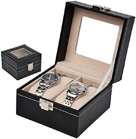 Teensery Watch Box 2 Slots Black Leather Watches Storage Case Glass Top Watch Case Organizer Jewelry Display Case for Men and Women by Teensery