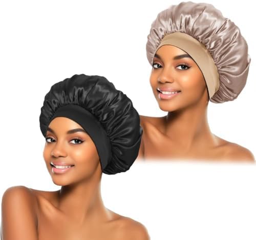 ZHENSILK 2Pcs Silk Bonnet for Sleeping, Satin Hair Bonnets, Soft Elastic Band Silk Sleep Cap, Hair Wrap for Women (Black Gold) by ZHENSILKFocusonhaircare