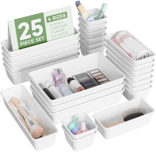 BiuLeon 25 PCS Plastic Drawer Organizers Set, 4-Sizes Vanity and Makeup Organizer, Desk and bathroom Drawer Organizer Trays, Organizers and Storage for Makeup, Jewelry, Gadgets, Utensils (White) by Unknown