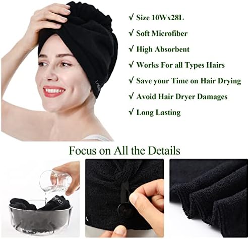 3Pack Microfiber Hair Towels, Wrap for Women(Drying Towel, Turban), Curly Hair - 10Wx28L, Black - Image 2