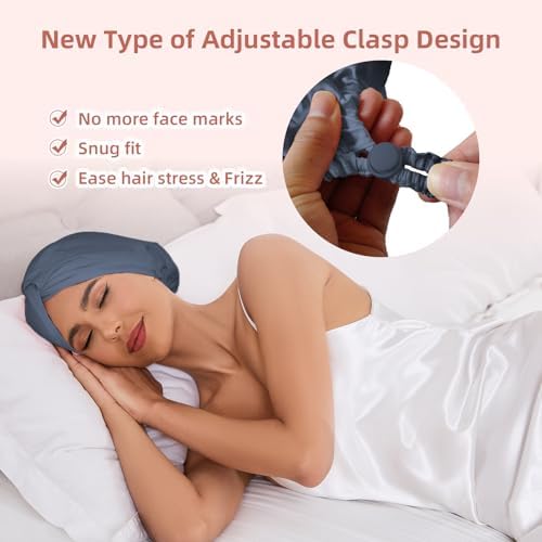 Adjustable Silk Satin Hair Bonnet for Sleeping Women, Double Layer, Silk Hair Wrap for Sleeping Women Men, Curly Natural Braid Straight Unisex - Slate Blue - Image 2