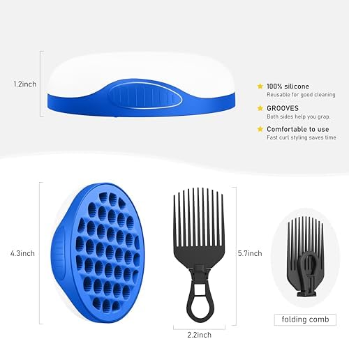 Silicone Curling Brush with Pick Comb and Spiralized Cavities - Two-Sided Hair Tool for Afro Curls, Small Holes Curler for All Genders, Blue, 1 Piece - Image 2