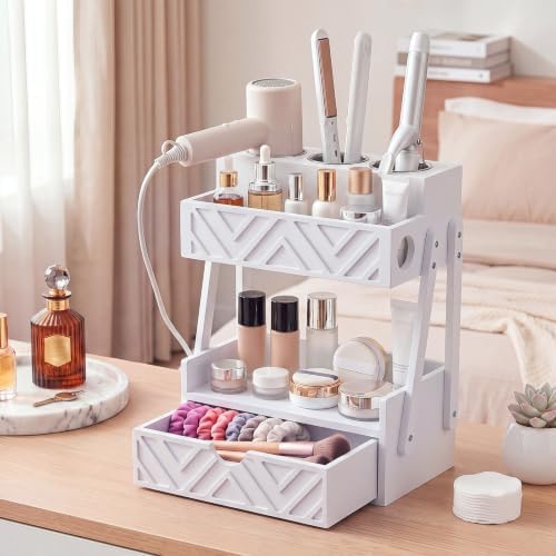 Hair Tool Organizer with Drawer 2 Tier Bathroom Countertop Organizer, White - Image 6