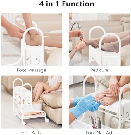 OmySalon Pedicure Cart Foot Bath Trolley, Adjustable Height Salon Trolley with PU Cushion, Portable Nail Esthetician Cart for Manicure & Foot Massage, Beauty Spa Supplies with Locking Wheels (White) - Image 7