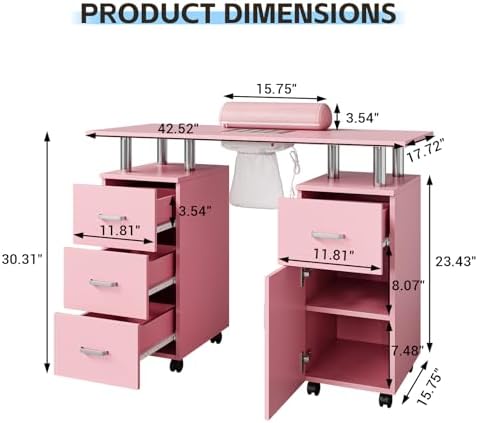 Manicure Table Nail Desk, Nail Station with Electric Dust Collector, Wrist Rest and Storage Drawers Cabinet, Beauty Salon Workstation for Nail Tech, Pink - Image 3